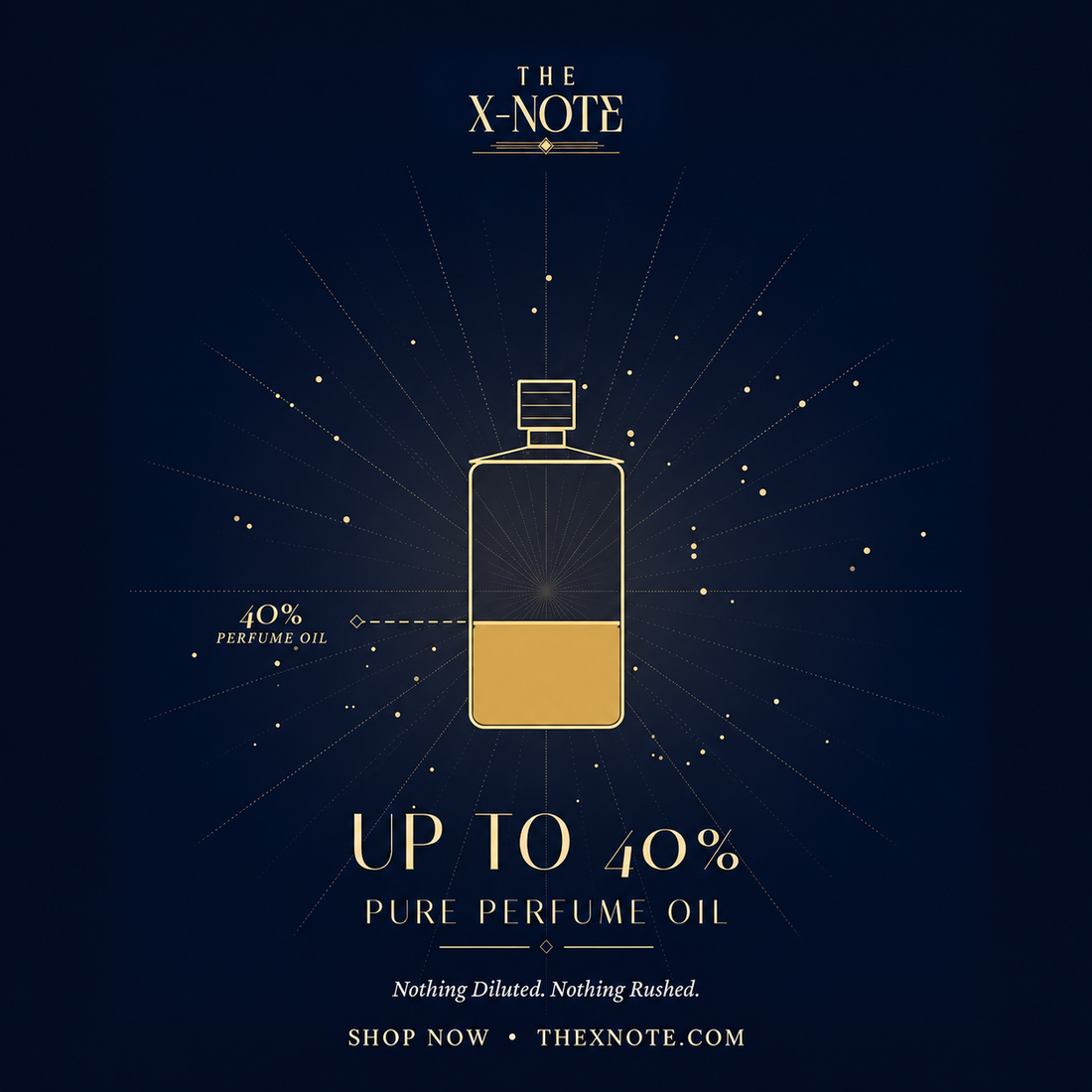 THE X NOTE perfume graphic showing up to 40% pure perfume oil concentration